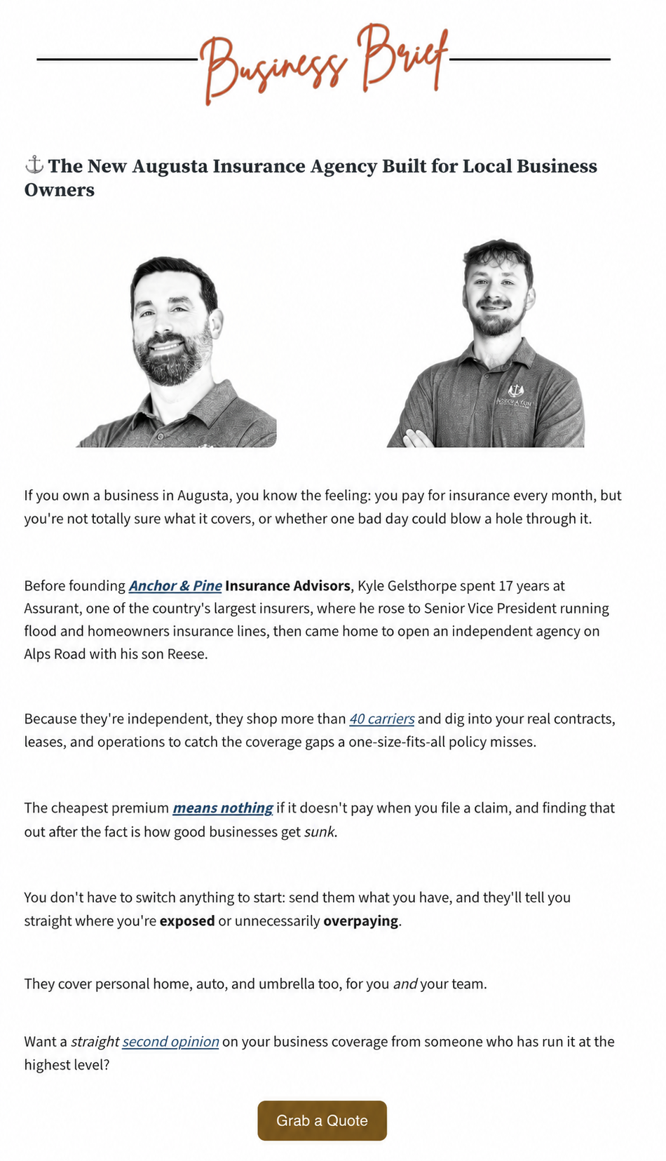 Example Augusta Digest sponsored feature for Anchor & Pine Insurance Advisors
